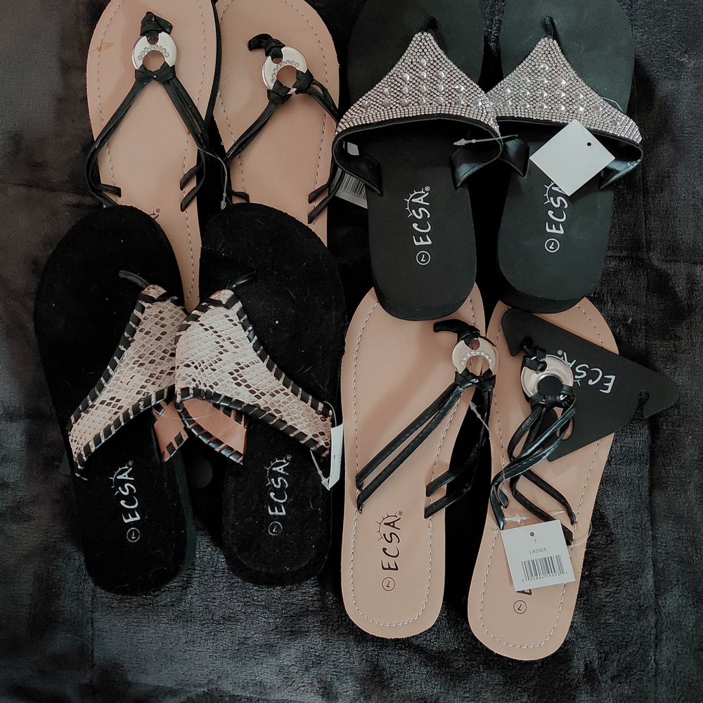 Women's Black and Tan Casual Slip-On Sandals Four Pairs All Adorable